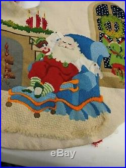 Vtg Christmas Tree Skirt Needlepoint Sleeping Santa Mrs. Clause Elves Fireplace