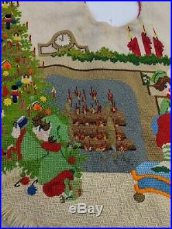 Vtg Christmas Tree Skirt Needlepoint Sleeping Santa Mrs. Clause Elves Fireplace