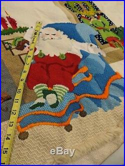 Vtg Christmas Tree Skirt Needlepoint Sleeping Santa Mrs. Clause Elves Fireplace