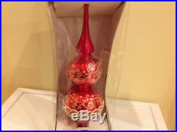 Vtg Christmas Tree Topper Red Gold Glitter Glass Krebs/Germany Lauscha 13 Box
