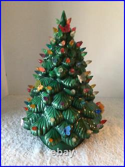 Vtg Cramer Mold 13 Green Glazed 2 Pc Ceramic Xmas Tree Lighted Triangle Base