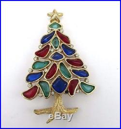 Vtg Crown Trifari Christmas Tree Pin Brooch Blue Green Poured Glass Signed As Is