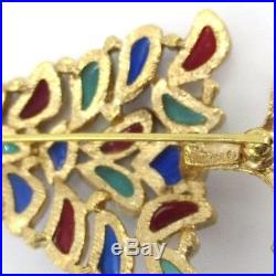 Vtg Crown Trifari Christmas Tree Pin Brooch Blue Green Poured Glass Signed As Is