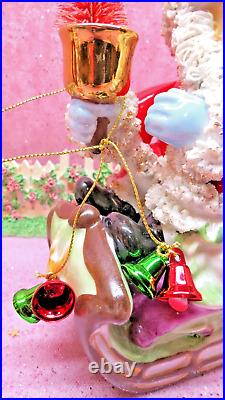 Vtg DICKSON Holly Berry Christmas SANTA SLEIGH WITH Rudolph REINDEER TREES BELLS