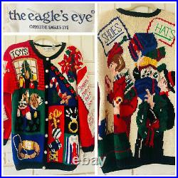 Vtg Eagles Eye Sweater Cardigan Christmas Holiday Large Tree Presents Caroling