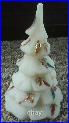 Vtg Fenton Christmas Tree Ivory Satin Glass Gold Partridge 6.25 Hand Painted