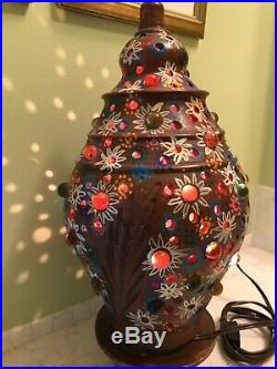 Vtg Folk Art Mexican Pottery Terracotta Lamp Lantern Christmas Tree Light Candle