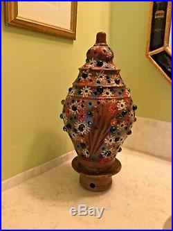 Vtg Folk Art Mexican Pottery Terracotta Lamp Lantern Christmas Tree Light Candle