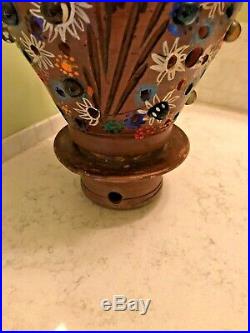 Vtg Folk Art Mexican Pottery Terracotta Lamp Lantern Christmas Tree Light Candle