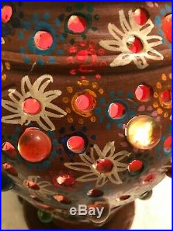Vtg Folk Art Mexican Pottery Terracotta Lamp Lantern Christmas Tree Light Candle