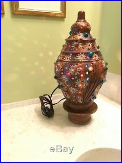 Vtg Folk Art Mexican Pottery Terracotta Lamp Lantern Christmas Tree Light Candle