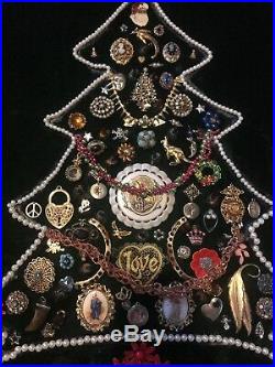 Vtg Framed Costume Jewelry Christmas Tree Pin Art Rhinestones Brooch Picture