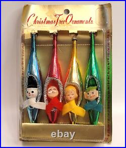 Vtg Glass Teardrop Diorama Xmas Ornaments Snowman Santa Pixie Elf Kitsch RARE