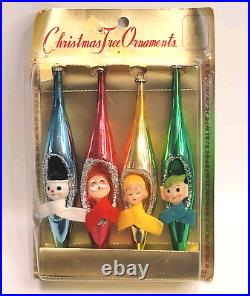 Vtg Glass Teardrop Diorama Xmas Ornaments Snowman Santa Pixie Elf Kitsch RARE