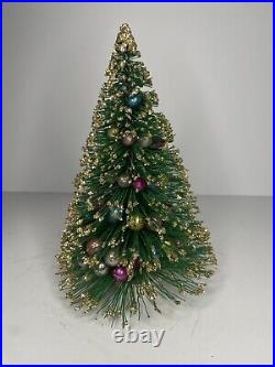 Vtg Gold Tipped Glitter 9 Bottle Brush Wrapped in Glass Christmas Tree 1950's