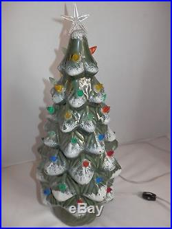Vtg Green Ceramic Light Up Christmas Tree on Stand 19 Tall