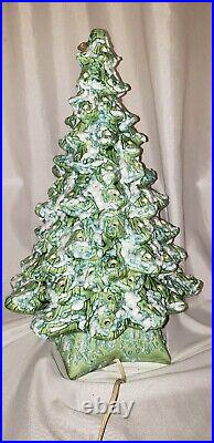 Vtg HOLLAND CERAMIC CHRISTMAS TREE LAVA GREEN BLUE FLOCKED MUSICAL Flock LG 17