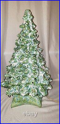 Vtg HOLLAND CERAMIC CHRISTMAS TREE LAVA GREEN BLUE FLOCKED MUSICAL Flock LG 17