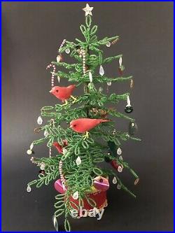 Vtg Hand Beaded Christmas Tree with Ornaments Red Feather Birds 12 Folk Art