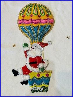 Vtg Handmade Bucilla Christmas Tree Skirt Felt Sequins Beads 3D Puffy Santa