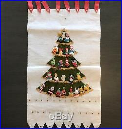 Vtg Hanging Advent Calendar Christmas Tree Homemade Felt 24 Ornaments Sequkns