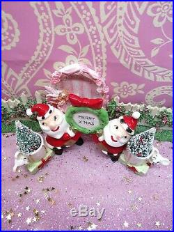 Vtg Kreiss Christmas TWIN SANTA'S Candle Holder W Mice Red Bow WREATH TWO TREES