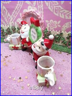 Vtg Kreiss Christmas TWIN SANTA'S Candle Holder W Mice Red Bow WREATH TWO TREES
