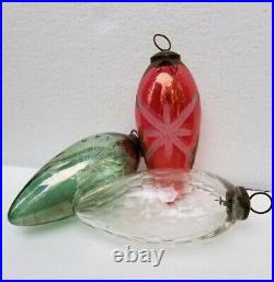 Vtg Kugels Etched Heavy Glass Christmas Ornament Egg Red Green Clear Panel Brass