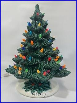 Vtg Large Molded Ceramic Christmas Tree Colorful Lights Green Holly Base 16