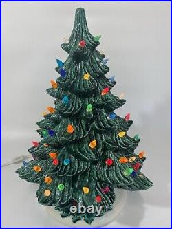 Vtg Large Molded Ceramic Christmas Tree Colorful Lights Green Holly Base 16