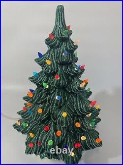 Vtg Large Molded Ceramic Christmas Tree Colorful Lights Green Holly Base 16