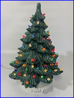 Vtg Large Molded Ceramic Christmas Tree Colorful Lights Green Holly Base 16