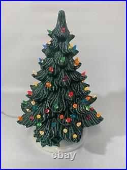 Vtg Large Molded Ceramic Christmas Tree Colorful Lights Green Holly Base 16