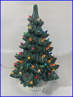 Vtg Large Molded Ceramic Christmas Tree Colorful Lights Green Holly Base 16