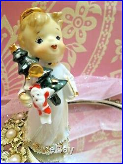 Vtg Lefton Christmas Angel Holding Santa Doll Toy & Christmas Tree W Gold STARS
