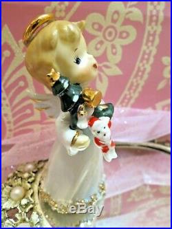 Vtg Lefton Christmas Angel Holding Santa Doll Toy & Christmas Tree W Gold STARS