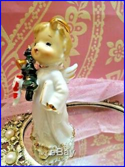 Vtg Lefton Christmas Angel Holding Santa Doll Toy & Christmas Tree W Gold STARS