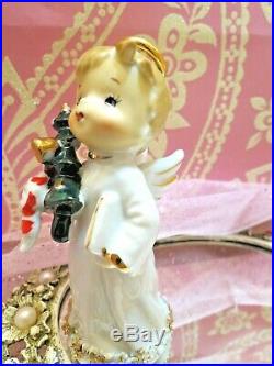 Vtg Lefton Christmas Angel Holding Santa Doll Toy & Christmas Tree W Gold STARS