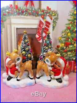 Vtg Lefton Christmas SANTA Pixie Elves W Reindeer Candle Holders W Frosted TREES