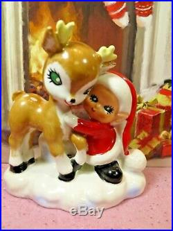 Vtg Lefton Christmas SANTA Pixie Elves W Reindeer Candle Holders W Frosted TREES