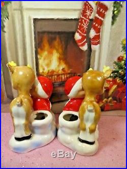 Vtg Lefton Christmas SANTA Pixie Elves W Reindeer Candle Holders W Frosted TREES