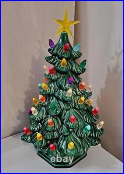 Vtg Lighted Ceremic Christmas Tabletop MCM Deco Village Tree W Base Plus Star