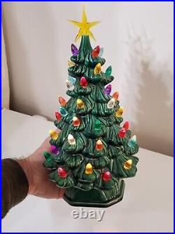 Vtg Lighted Ceremic Christmas Tabletop MCM Deco Village Tree W Base Plus Star