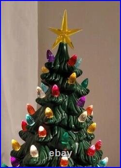 Vtg Lighted Ceremic Christmas Tabletop MCM Deco Village Tree W Base Plus Star