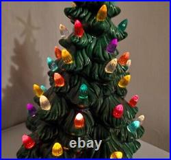 Vtg Lighted Ceremic Christmas Tabletop MCM Deco Village Tree W Base Plus Star