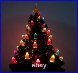 Vtg Lighted Ceremic Christmas Tabletop MCM Deco Village Tree W Base Plus Star