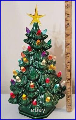 Vtg Lighted Ceremic Christmas Tabletop MCM Deco Village Tree W Base Plus Star