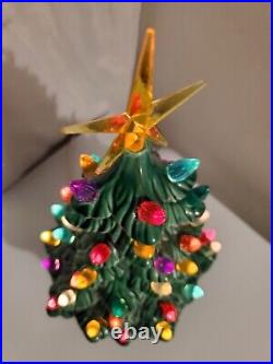 Vtg Lighted Ceremic Christmas Tabletop MCM Deco Village Tree W Base Plus Star