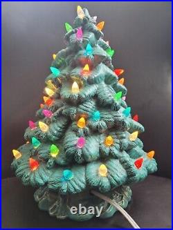 Vtg MCM 13 Green Ceramic Christmas Tree with Base Multi Color Holiday Lights