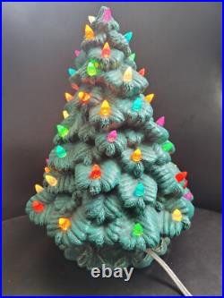 Vtg MCM 13 Green Ceramic Christmas Tree with Base Multi Color Holiday Lights